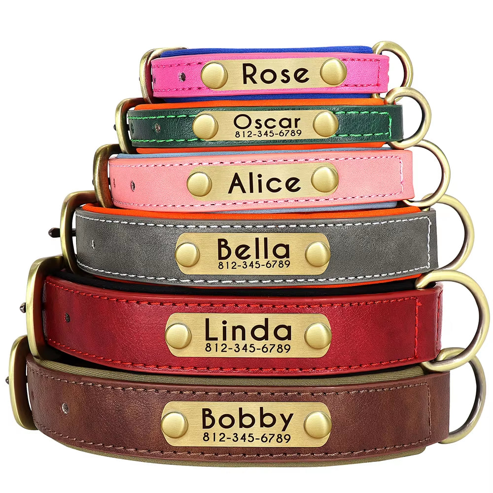 Personalized PU Leather Dog Collar with Soft Padding and Free Engraving for Small, Medium, and Large Dogs - Adjustable Fit