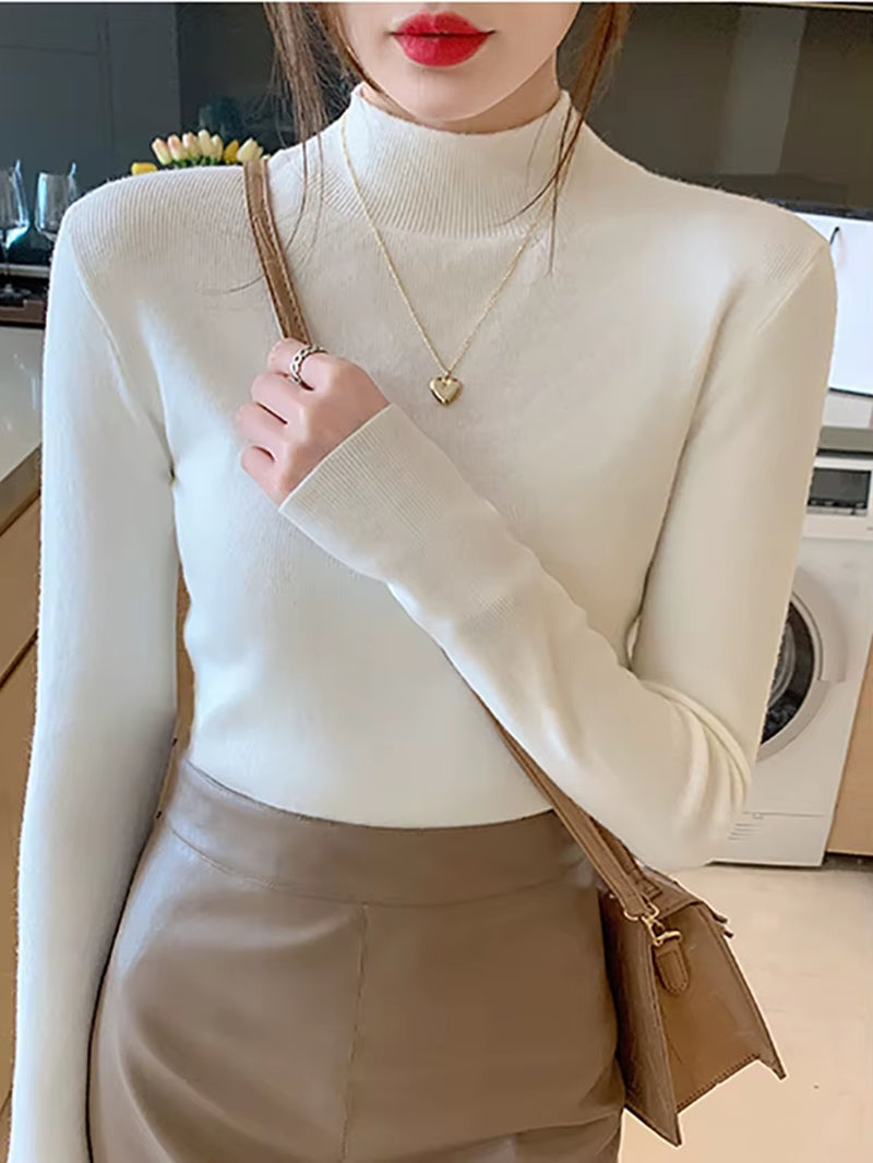 Women's Fashion Turtleneck Sweater 2026 - Stretch Knit Pullover with Long Sleeves
