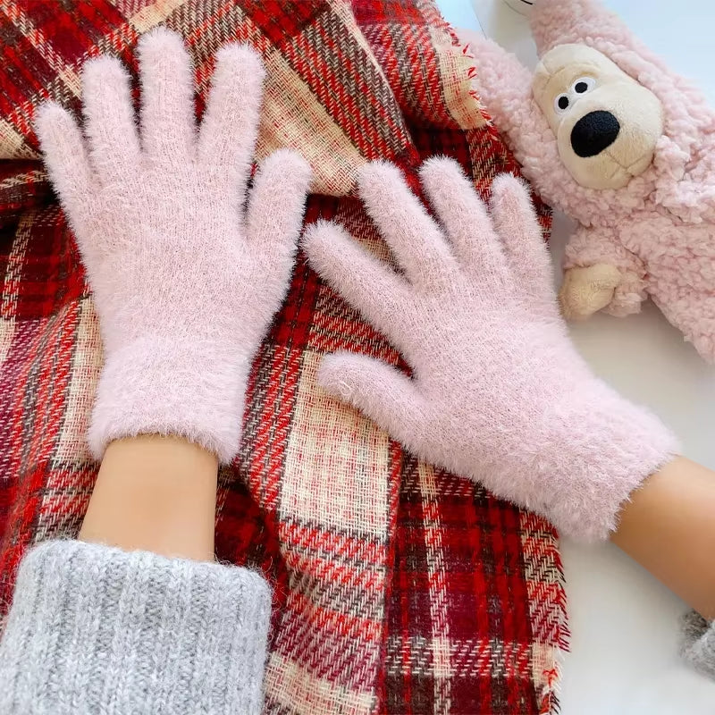 Winter Mink Velvet Five-Finger Gloves for Women - Plush, Warm, and Cold-Proof for Outdoor Activities and Cycling in Solid Colors