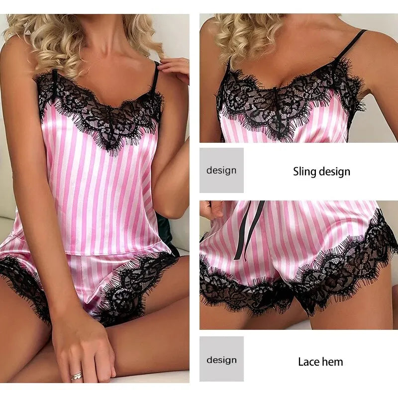 Women's Two-Piece V-Neck Lace Suspender Pajama Shorts Set