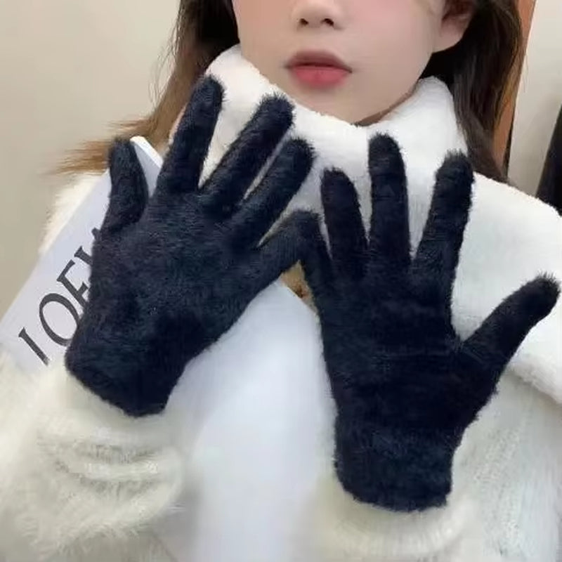 Winter Mink Velvet Five-Finger Gloves for Women - Plush, Warm, and Cold-Proof for Outdoor Activities and Cycling in Solid Colors