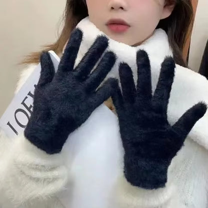 Winter Mink Velvet Five-Finger Gloves for Women - Plush, Warm, and Cold-Proof for Outdoor Activities and Cycling in Solid Colors