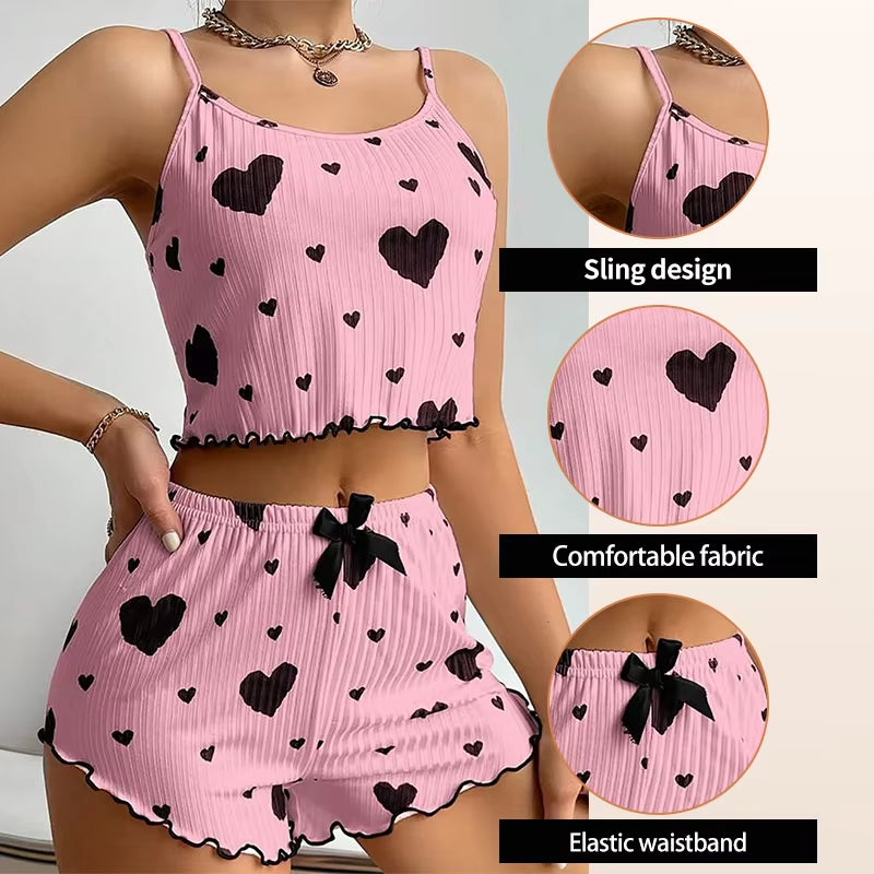 Women's 2-Piece Pajama Set - Soft and Breathable Casual Sleepwear with Love Print in White, Available in S, M, L