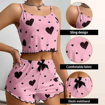 Women's 2-Piece Pajama Set - Soft and Breathable Casual Sleepwear with Love Print in White, Available in S, M, L