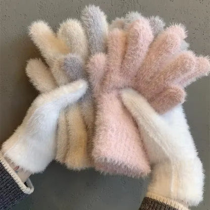 Winter Mink Velvet Five-Finger Gloves for Women - Plush, Warm, and Cold-Proof for Outdoor Activities and Cycling in Solid Colors