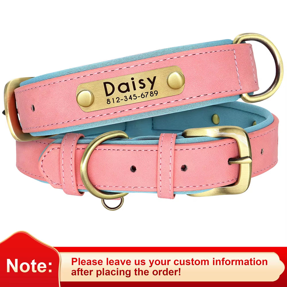 Personalized PU Leather Dog Collar with Soft Padding and Free Engraving for Small, Medium, and Large Dogs - Adjustable Fit