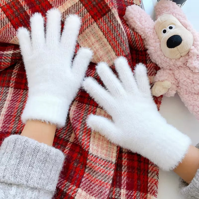 Winter Mink Velvet Five-Finger Gloves for Women - Plush, Warm, and Cold-Proof for Outdoor Activities and Cycling in Solid Colors