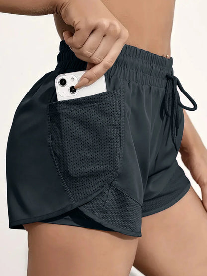 Women's Elastic Sports Shorts with Pockets - Faux Two-Piece Yoga Leggings for Running and Training