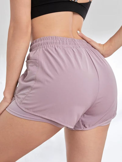 Women's Elastic Sports Shorts with Pockets - Faux Two-Piece Yoga Leggings for Running and Training