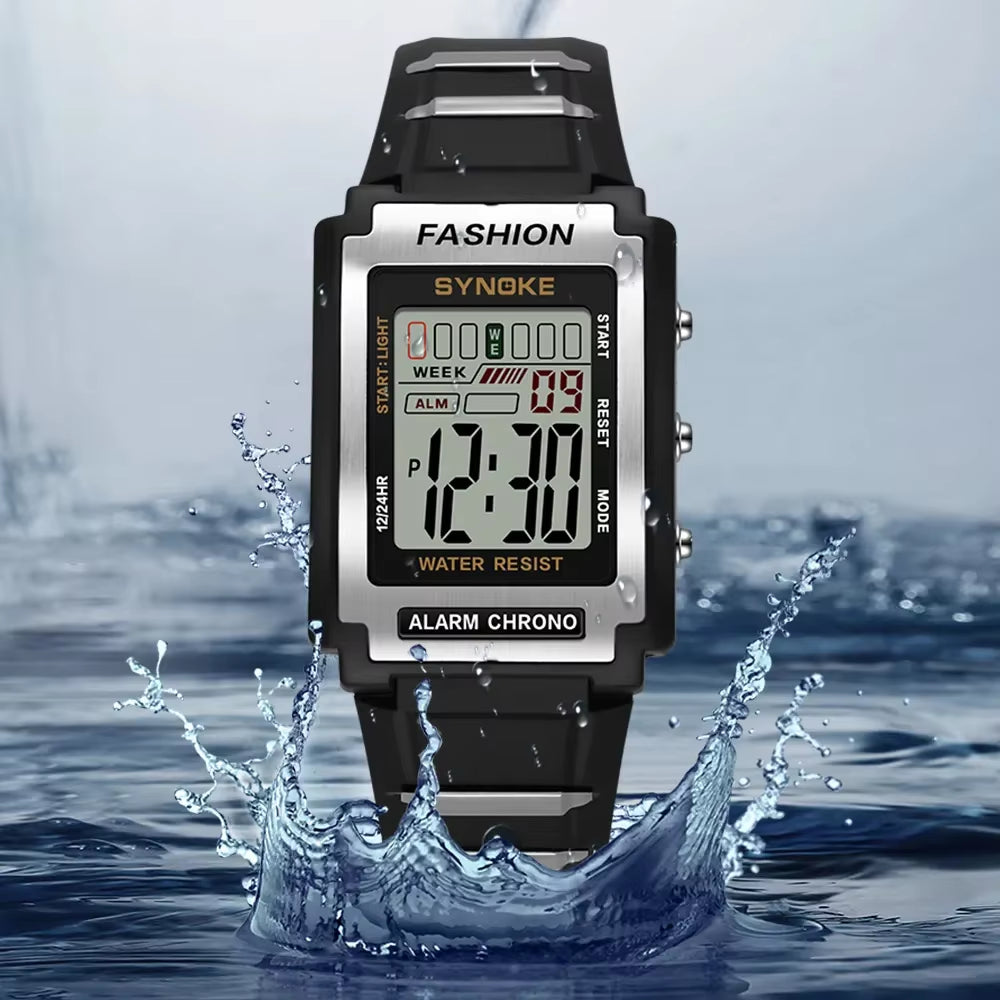 Men's Rectangular Sports Electronic Watch - 50M Waterproof, Night Light, Large Screen, Alarm Clock, Retro Style