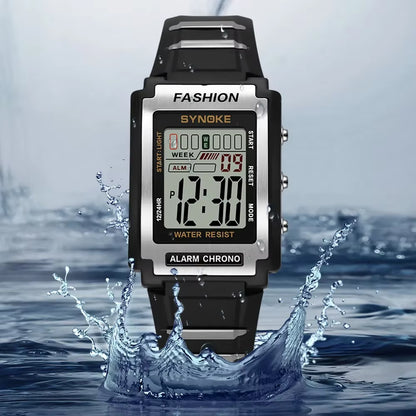 Men's Rectangular Sports Electronic Watch - 50M Waterproof, Night Light, Large Screen, Alarm Clock, Retro Style