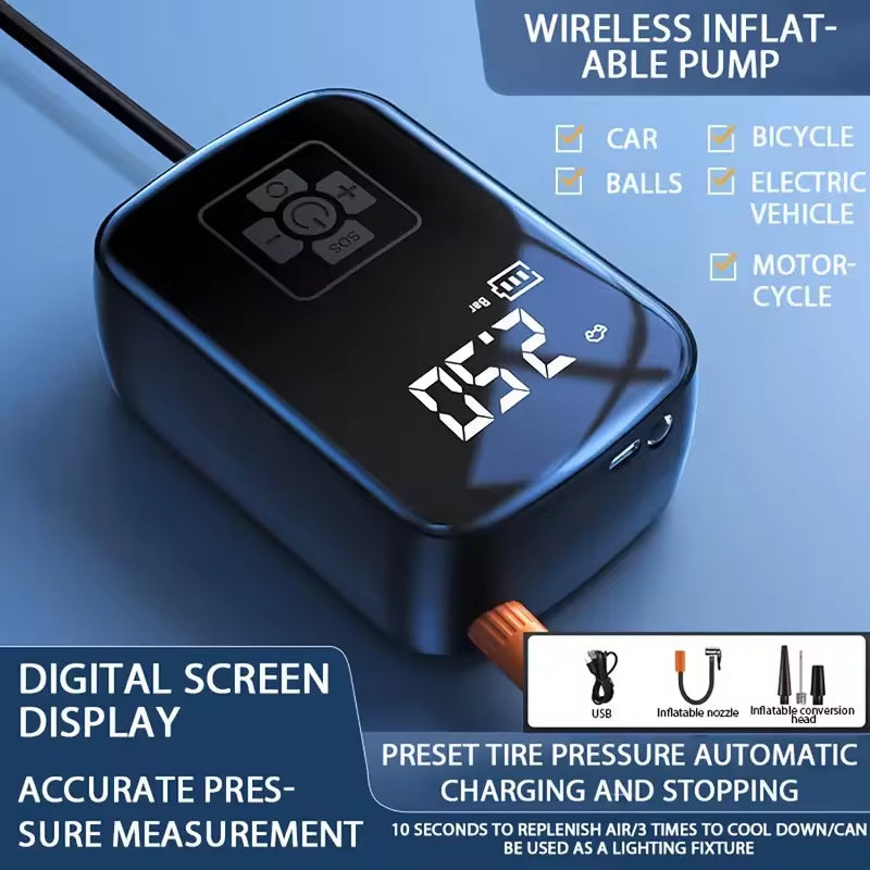 Wireless Electric Air Compressor for Tires - Multi-Purpose Inflator for Motorcycles, Bicycles, Boats, and Sports Equipment