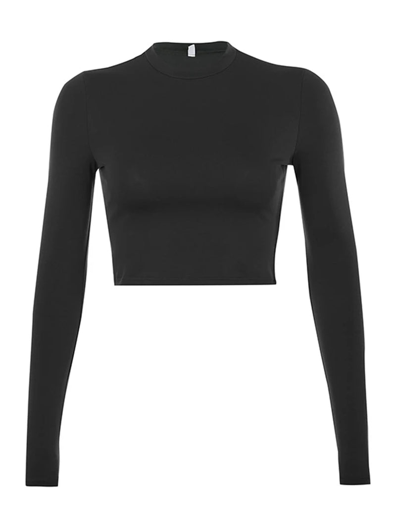 Women's Solid Basic Long Sleeve Crop Top T-Shirt - Casual Fashion in Black and White