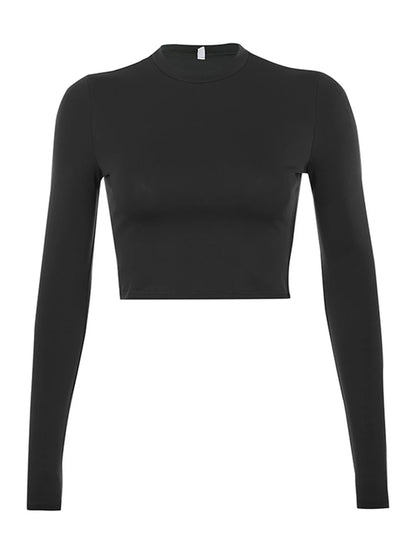 Women's Solid Basic Long Sleeve Crop Top T-Shirt - Casual Fashion in Black and White