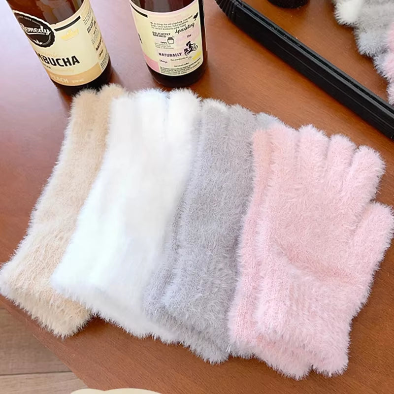 Winter Mink Velvet Five-Finger Gloves for Women - Plush, Warm, and Cold-Proof for Outdoor Activities and Cycling in Solid Colors