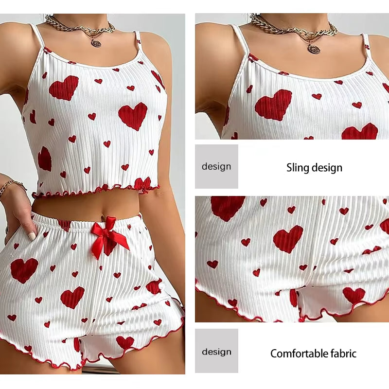Women's 2-Piece Pajama Set - Soft and Breathable Casual Sleepwear with Love Print in White, Available in S, M, L