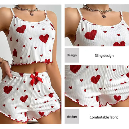 Women's 2-Piece Pajama Set - Soft and Breathable Casual Sleepwear with Love Print in White, Available in S, M, L