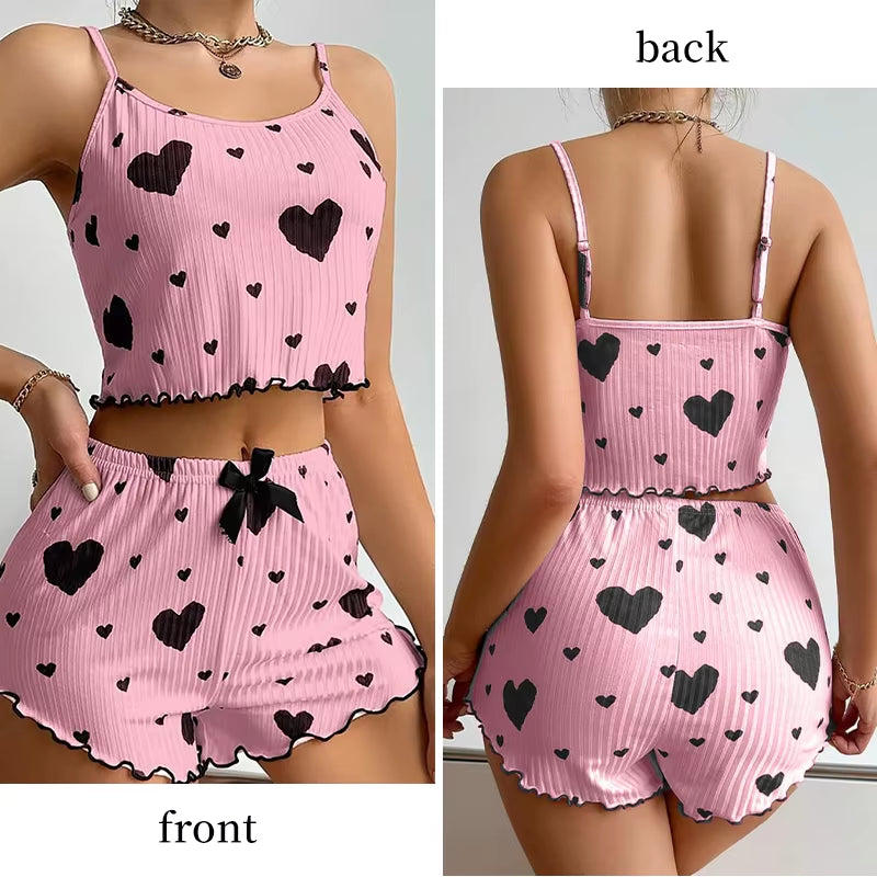 Women's 2-Piece Pajama Set - Soft and Breathable Casual Sleepwear with Love Print in White, Available in S, M, L