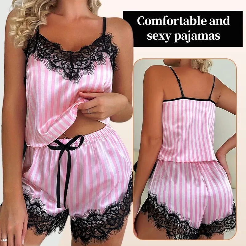 Women's Two-Piece V-Neck Lace Suspender Pajama Shorts Set
