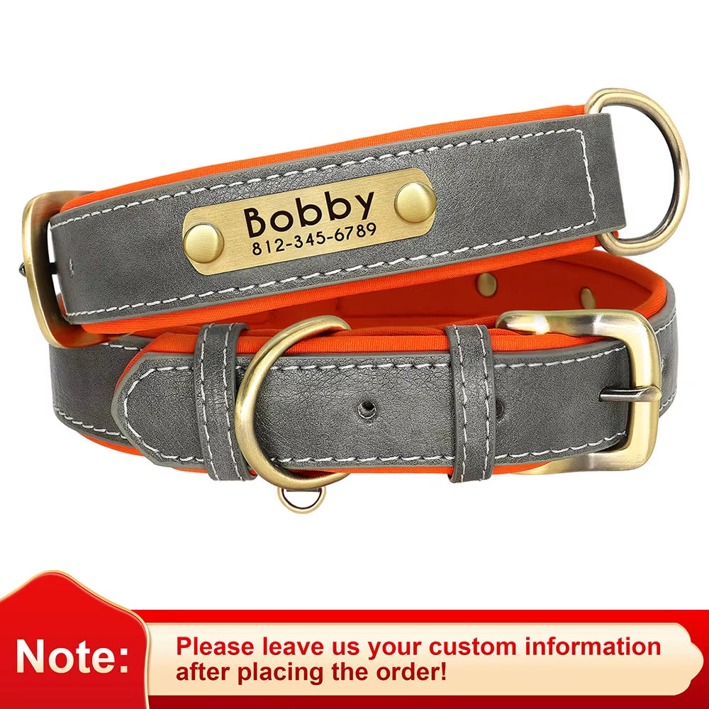 Personalized PU Leather Dog Collar with Soft Padding and Free Engraving for Small, Medium, and Large Dogs - Adjustable Fit