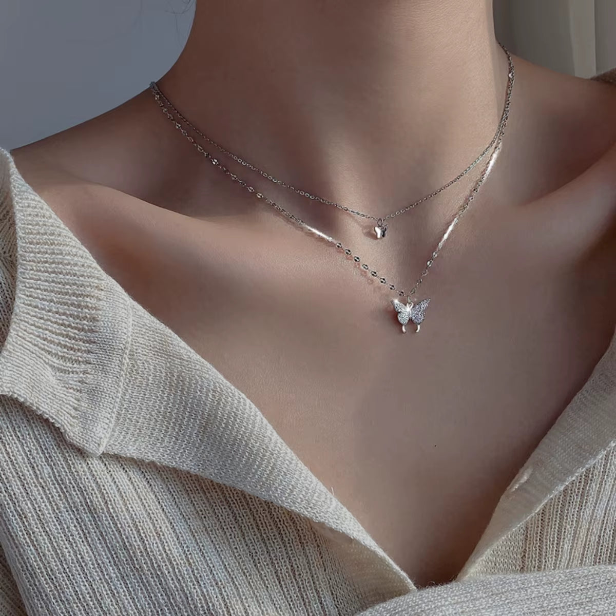 Exquisite Double Layer Butterfly Necklace for Women - Elegant Clavicle Chain Jewelry Gift
