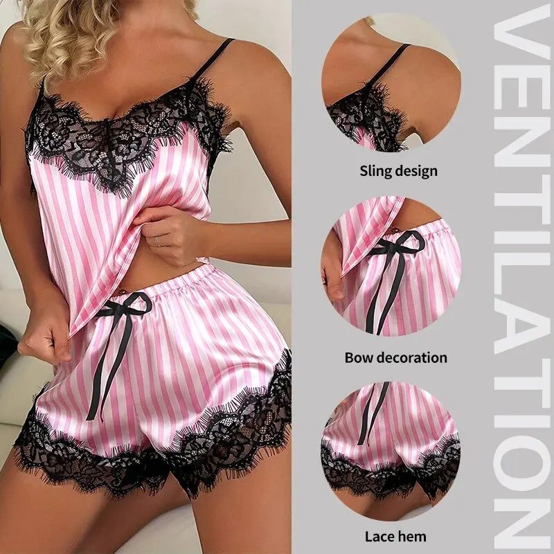 Women's Two-Piece V-Neck Lace Suspender Pajama Shorts Set
