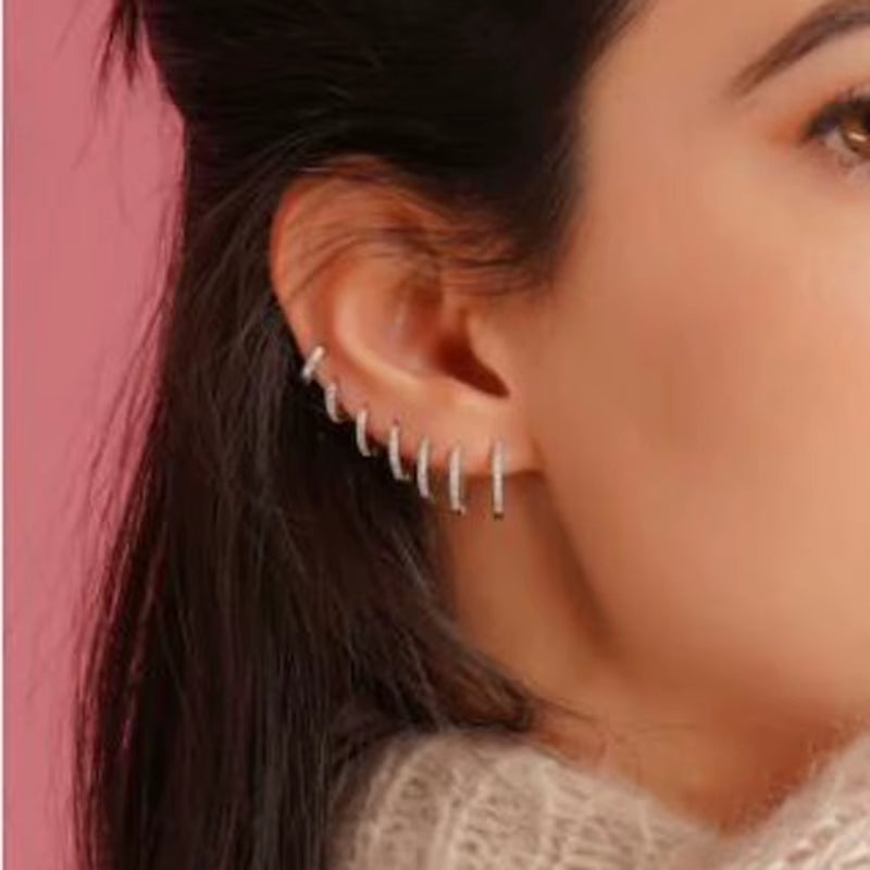 Stainless Steel Minimalist Hoop Earrings with Crystal Zirconia - Small Huggie Earrings for Helix and Tragus Piercings