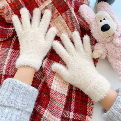 Winter Mink Velvet Five-Finger Gloves for Women - Plush, Warm, and Cold-Proof for Outdoor Activities and Cycling in Solid Colors