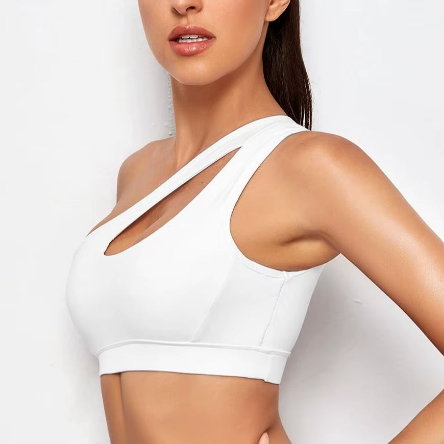 One Shoulder Push-Up Sports Bra for Women - Shockproof Yoga and Running Vest in Black and White