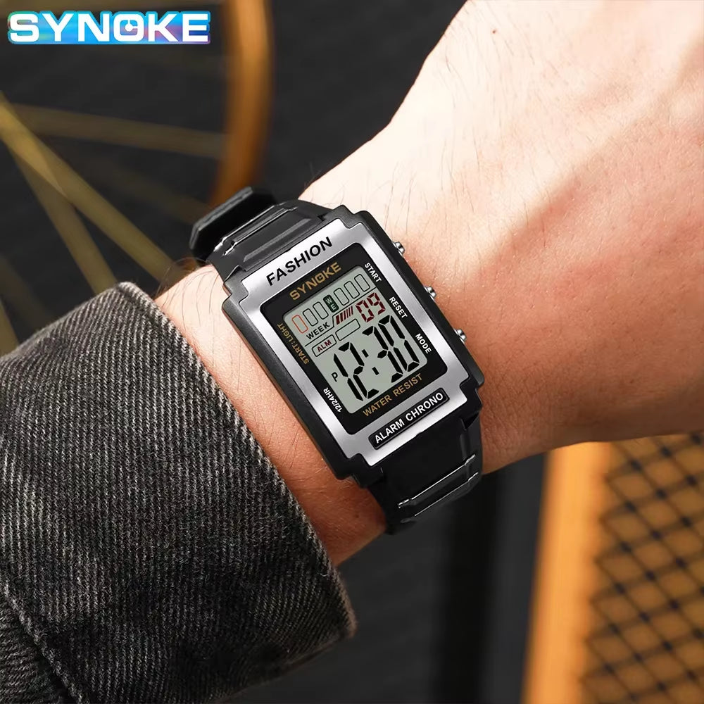 Men's Rectangular Sports Electronic Watch - 50M Waterproof, Night Light, Large Screen, Alarm Clock, Retro Style
