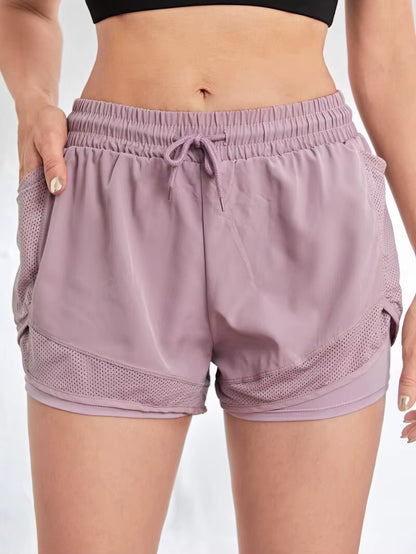 Women's Elastic Sports Shorts with Pockets - Faux Two-Piece Yoga Leggings for Running and Training
