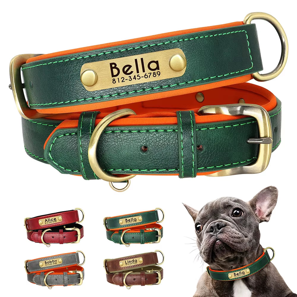Personalized PU Leather Dog Collar with Soft Padding and Free Engraving for Small, Medium, and Large Dogs - Adjustable Fit