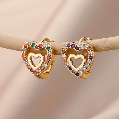 Hollow Zircon Heart Earrings for Women in Gold-Plated Stainless Steel - Elegant Wedding Couple Jewelry Gift with Free Shipping