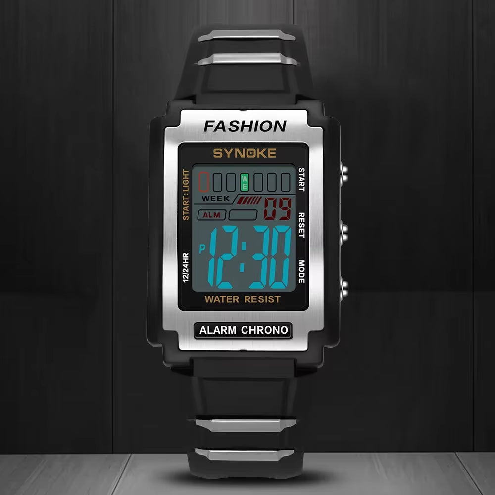 Men's Rectangular Sports Electronic Watch - 50M Waterproof, Night Light, Large Screen, Alarm Clock, Retro Style