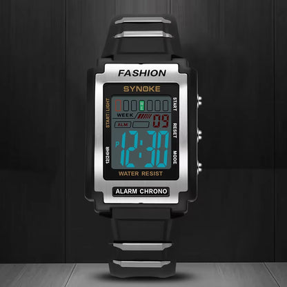 Men's Rectangular Sports Electronic Watch - 50M Waterproof, Night Light, Large Screen, Alarm Clock, Retro Style