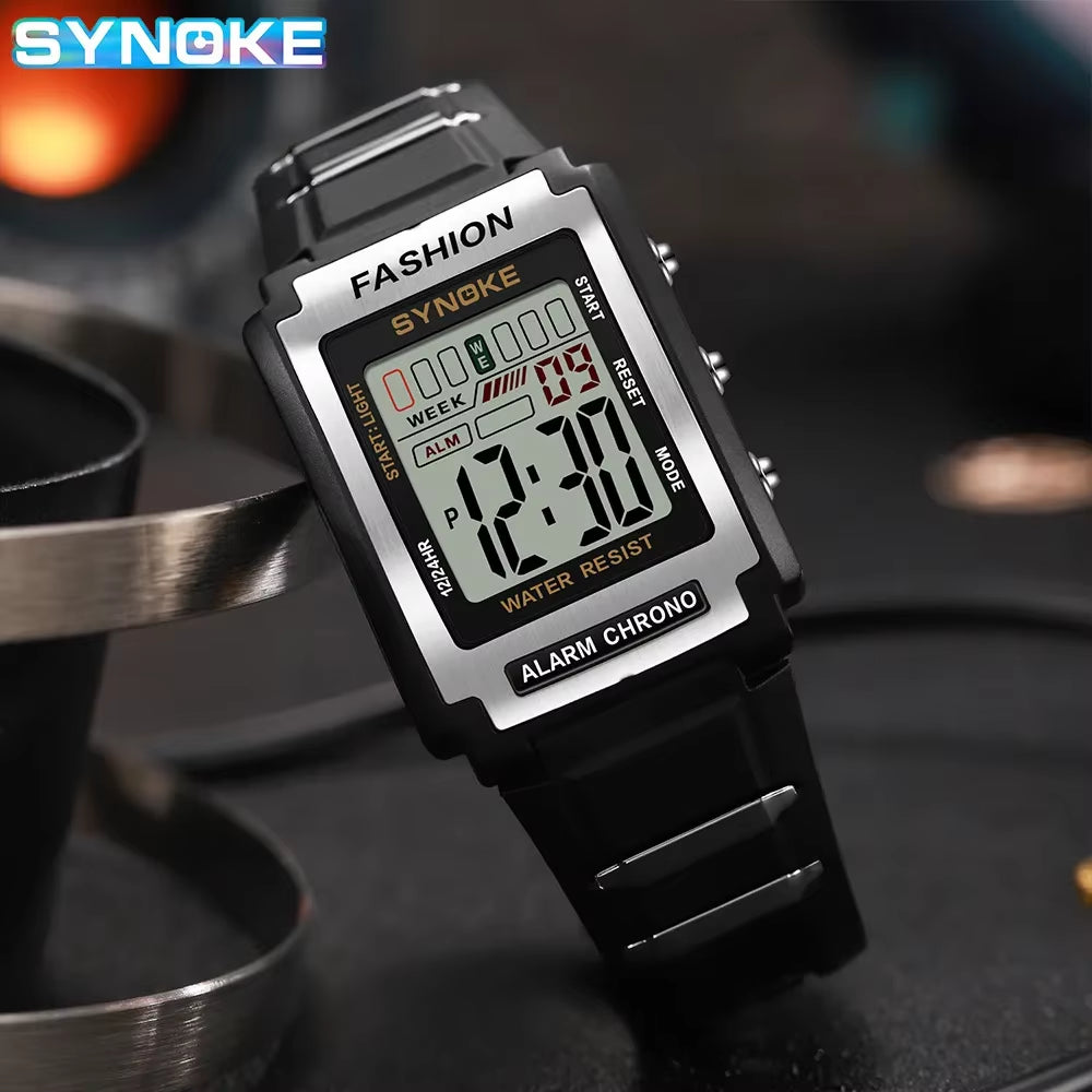 Men's Rectangular Sports Electronic Watch - 50M Waterproof, Night Light, Large Screen, Alarm Clock, Retro Style