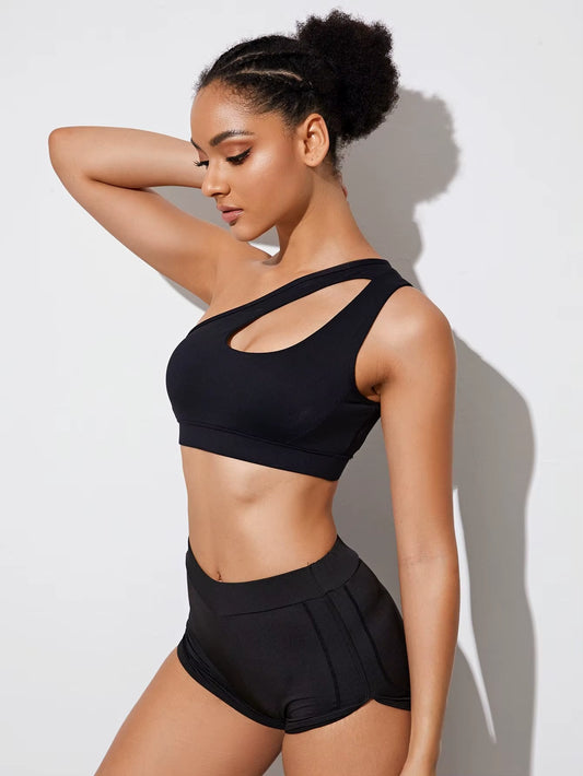 One Shoulder Push-Up Sports Bra for Women - Shockproof Yoga and Running Vest in Black and White
