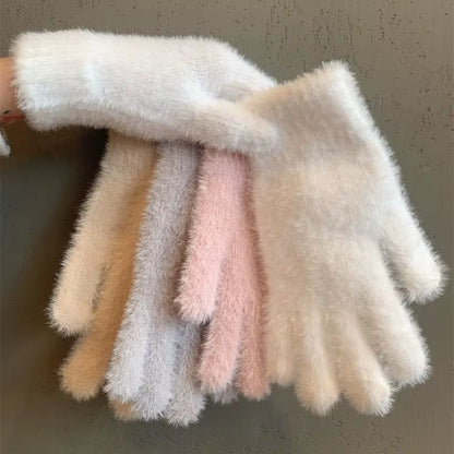 Winter Mink Velvet Five-Finger Gloves for Women - Plush, Warm, and Cold-Proof for Outdoor Activities and Cycling in Solid Colors