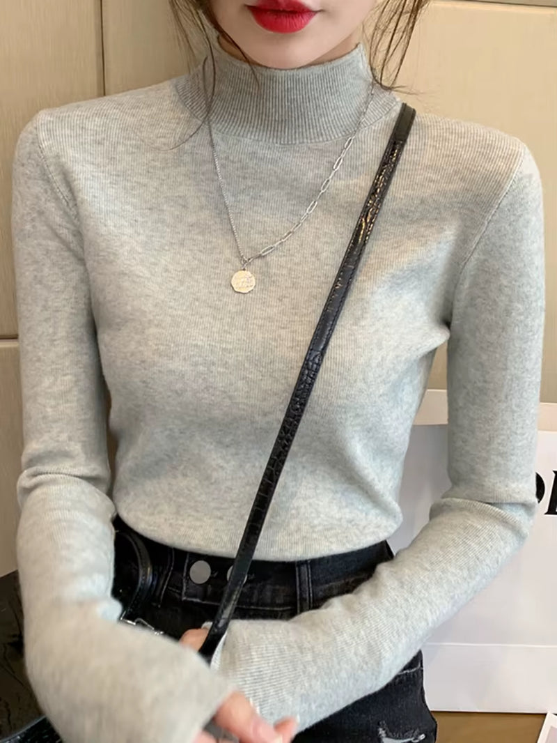 Women's Fashion Turtleneck Sweater 2026 - Stretch Knit Pullover with Long Sleeves