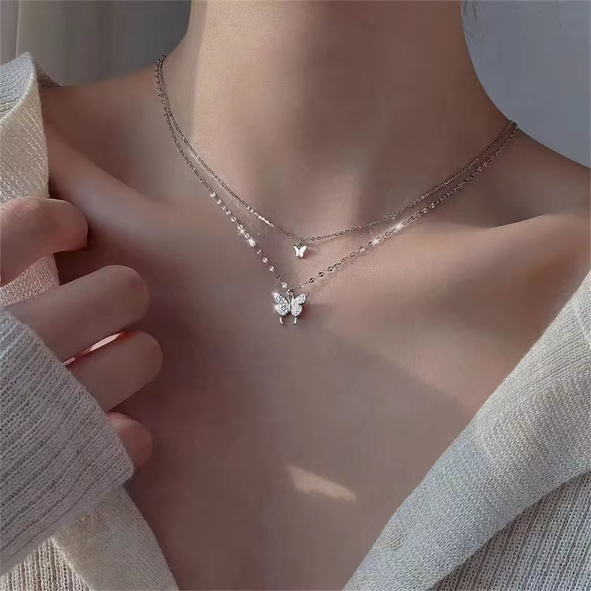 Exquisite Double Layer Butterfly Necklace for Women - Elegant Clavicle Chain Jewelry Gift