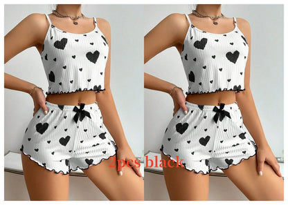 Women's 2-Piece Pajama Set - Soft and Breathable Casual Sleepwear with Love Print in White, Available in S, M, L