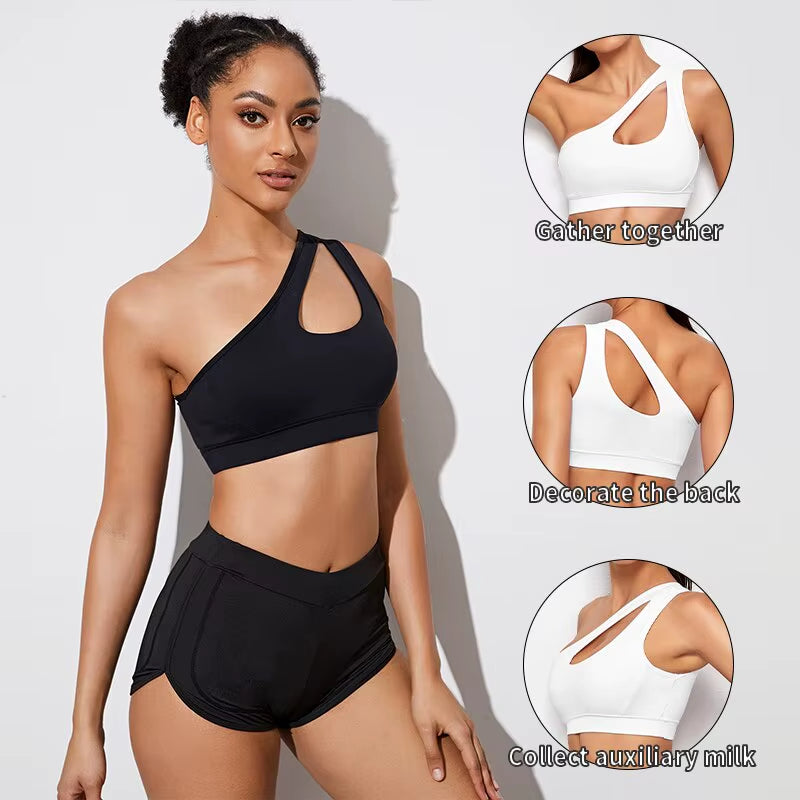 One Shoulder Push-Up Sports Bra for Women - Shockproof Yoga and Running Vest in Black and White