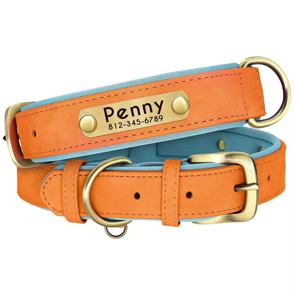Personalized PU Leather Dog Collar with Soft Padding and Free Engraving for Small, Medium, and Large Dogs - Adjustable Fit