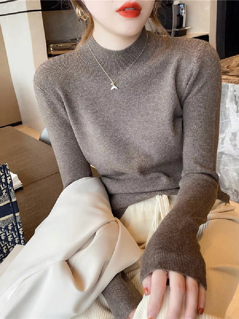 Women's Fashion Turtleneck Sweater 2026 - Stretch Knit Pullover with Long Sleeves