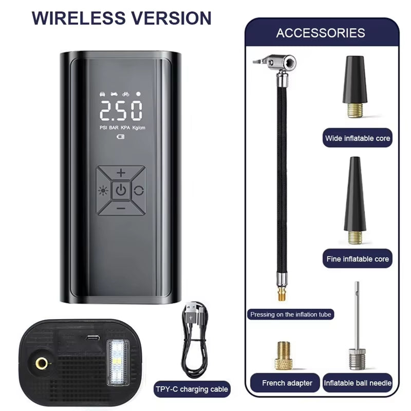 Wireless Electric Air Compressor for Tires - Multi-Purpose Inflator for Motorcycles, Bicycles, Boats, and Sports Equipment