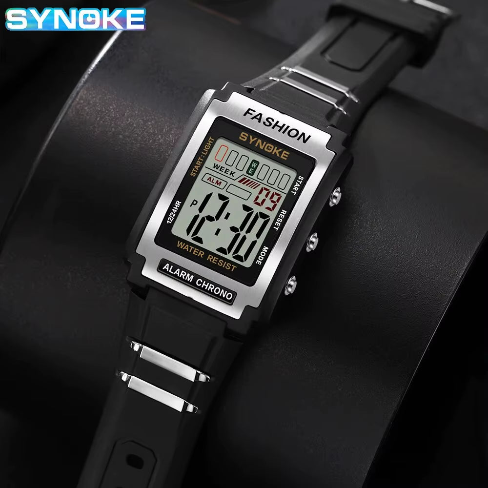 Men's Rectangular Sports Electronic Watch - 50M Waterproof, Night Light, Large Screen, Alarm Clock, Retro Style