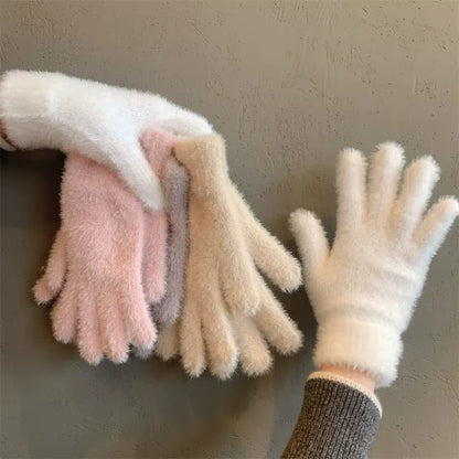 Winter Mink Velvet Five-Finger Gloves for Women - Plush, Warm, and Cold-Proof for Outdoor Activities and Cycling in Solid Colors