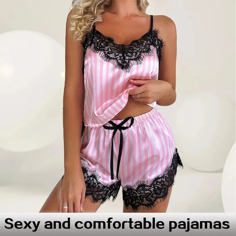 Women's Two-Piece V-Neck Lace Suspender Pajama Shorts Set