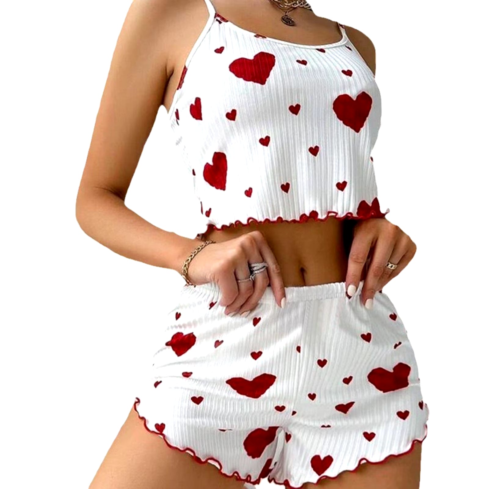 Women's 2-Piece Pajama Set - Soft and Breathable Casual Sleepwear with Love Print in White, Available in S, M, L