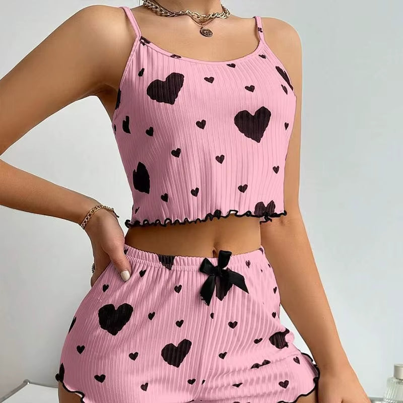 Women's 2-Piece Pajama Set - Soft and Breathable Casual Sleepwear with Love Print in White, Available in S, M, L